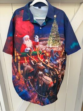Christmas men’s Graphic Button-Up Shirt - Blue/Red Christmas Print XL